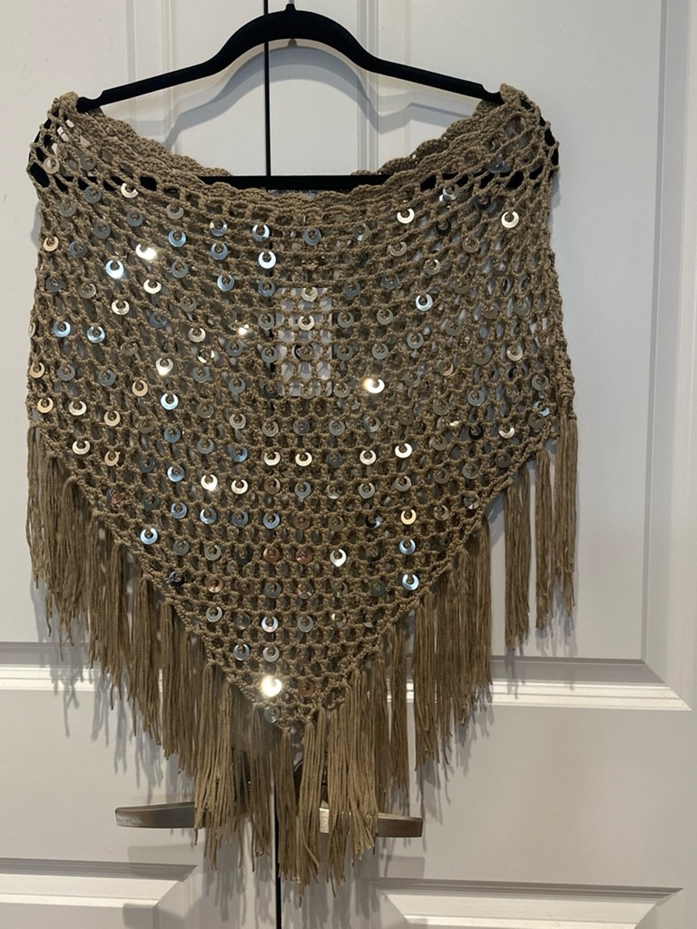 Boho Sequin Fringe Crochet Shawl - Tan